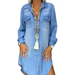 Women's plus size denim dress, long sleeved lapel casual solid color denim shirt, suitable for any season.RAIMENTRY
