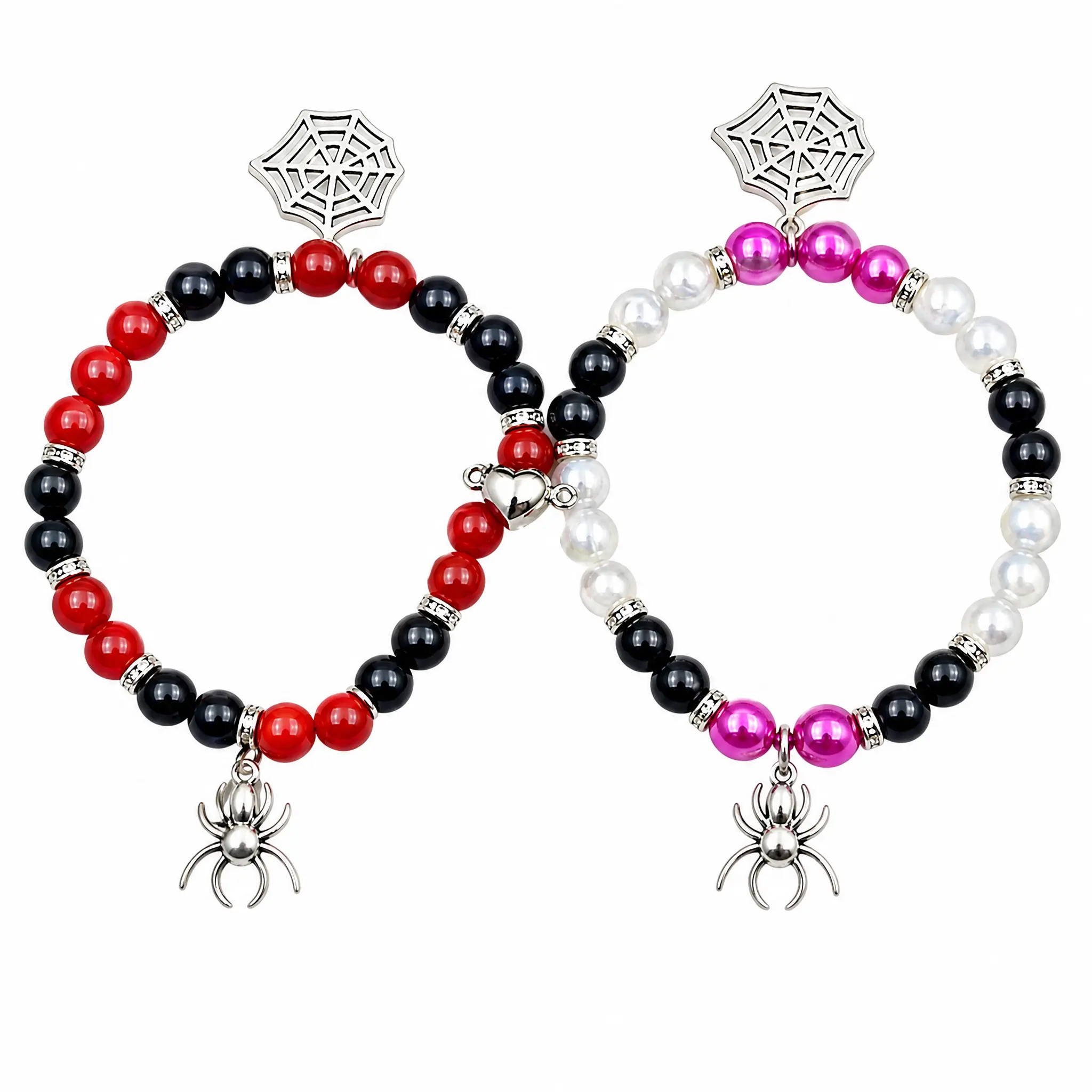 Matching Soulmate Bracelets for Couples, Elastic Beaded Red Black Pink Bracelet with Magnetic Heart Clasp, Gothic Spider Web Charm Jewelry Gift for Him Her