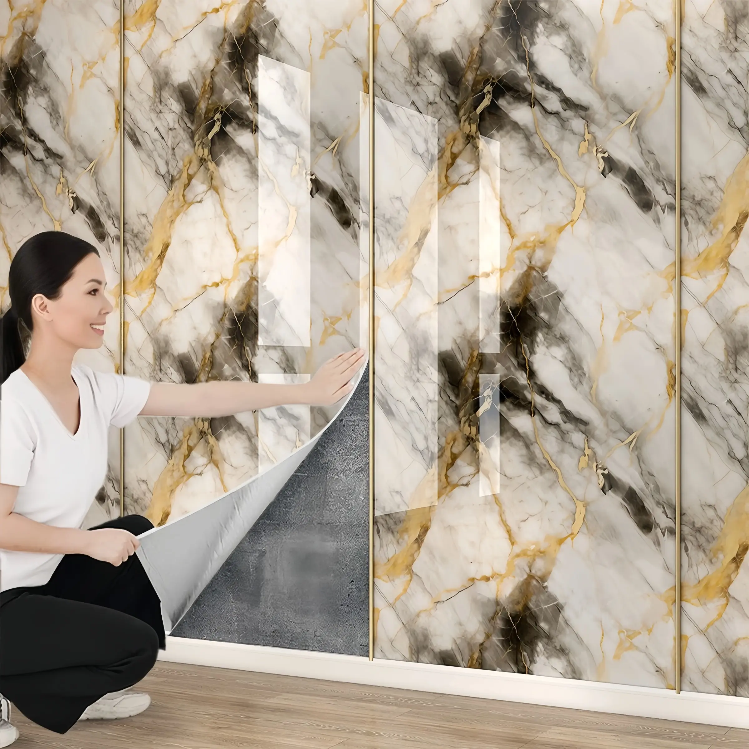 Pandora Gold Stone Marble Pattern Decorative Wallpaper with Faux Marble Finish, Self-Adhesive Removable Oil-Resistant Waterproof Wall Covering for Interior Walls, Kitchen Cabinet Countertop Furniture Film, Bathroom Peel And Stick Wallpaper