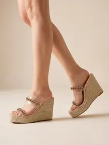 Women's Boho Glam Wedge Sandals, Clear Strap Platform Espadrille Slides With Rhinestone Chain, Open Toe Heeled Sandals For Summer Vacation, Beach, Party