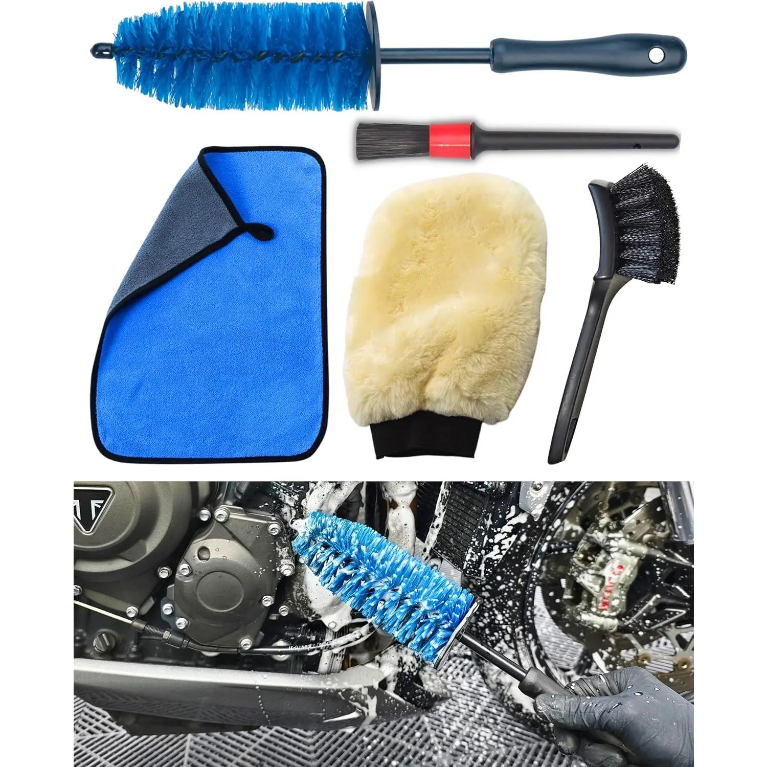 Motorcycle Cleaning Brush Kit, Easy Reach Brush, Wool Wash Mitt, Stiff Tire Brush, Detailing Brush& Microfiber Towel for Motorcycle Mudguard, Rims, Paint, Exhaust
