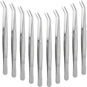 10 Pcs Stainless Steel Tweezers for Crafting with Curved Serrated Tip Multipurpose Forceps Sewing Machine Tweezers Bulk (Silver)