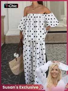 Women's Casual Polka Dot Loose Fit Crop Top & Wide Leg Pants Set, Natural Waist Short Sleeve Two-Piece for Daily Wear