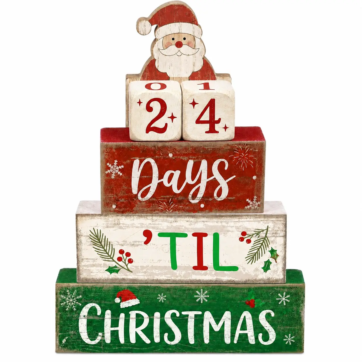 Indoor Christmas countdown decor, home Christmas tabletop decoration | 99-day Santa Claus wooden Christmas tabletop party ornament, winter tiered tray decor, farmhouse-style Christmas gift, suitable for kitchen and coffee bar areas