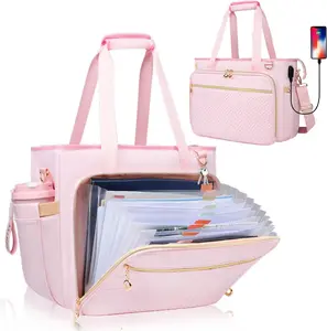 Teacher Tote Bag with Accordion File Organizer Pocket, Soft Nylon Utility Bag with 15.6 inch Laptop Compartment & USB Port, Large Work Tote Bag for Office Supplies Women ()