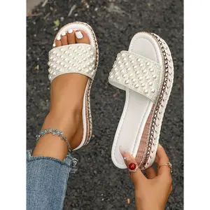 Women's Fashionable Pearl Decorated Platform Sandals, Boho Style Buckle Design Slide Sandals for Beach Vacation, Trendy Exquisite Slippers for Women, Walking Shoes, Fashionable Rhinestone Sandals