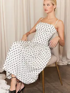 POLKA DOT FLARE MIDI DRESS - White with Black Polka Dots Spaghetti Strap