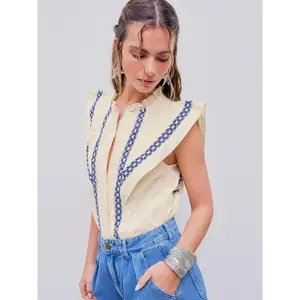 Cider Stand Collar Crochet Contrasting Binding Short Sleeve Blouse SummerWins Dealsforyou