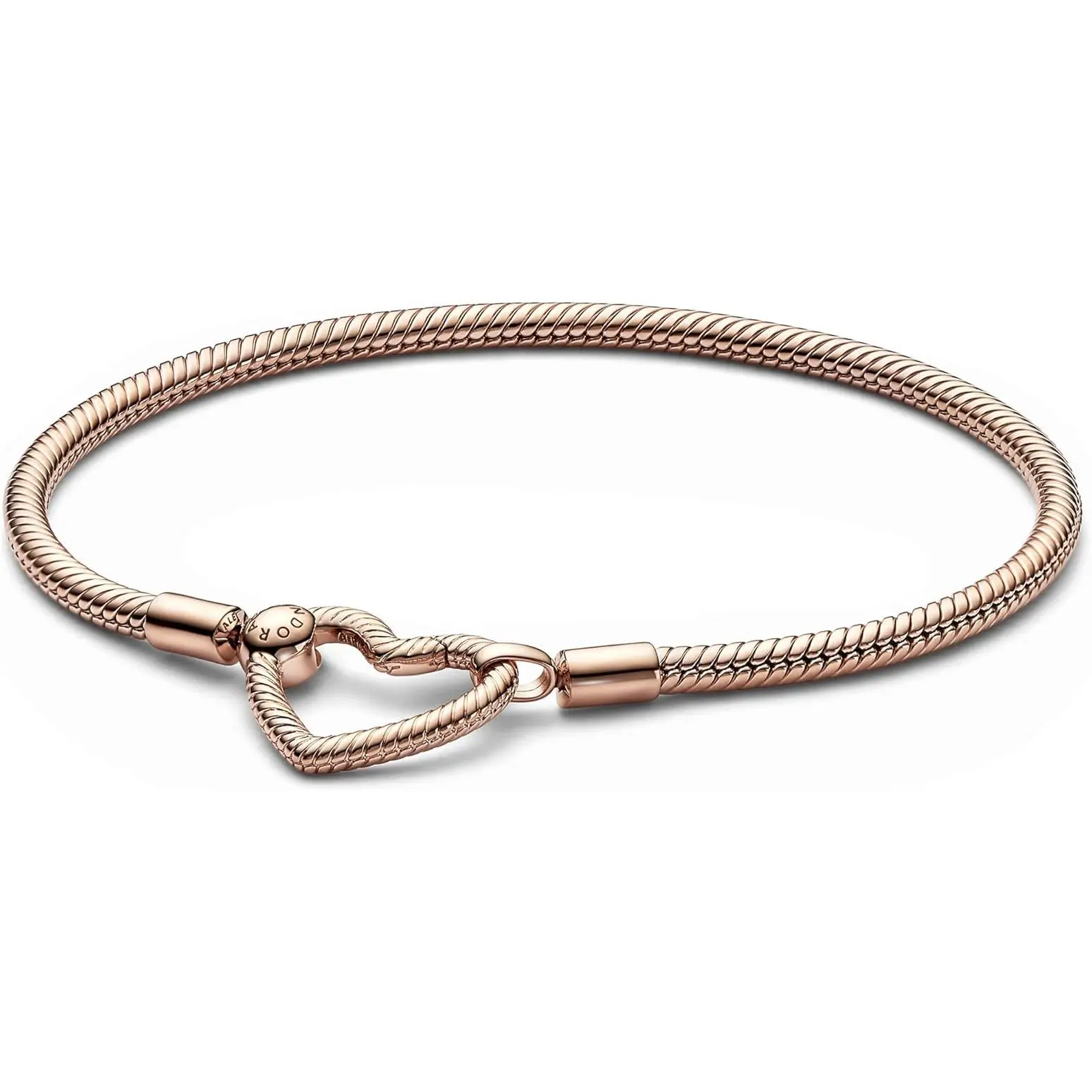 PANDORA Moments Heart Closure Snake Chain Bracelet, 14-karat Rose Gold-Plated with a Spinning Love Symbol Dangle Holder, Heart Shape