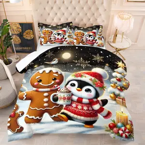 Christmas Penguin Gingerbread House Quilt/Comforter Set (2/3 Pcs) Includes 1 Quilt + 1/2 Pillowcases No Filler Christmas Light Flower Gift Patterns Family Bedroom Homestay Apartment Themed Room Study for Kids Couples Family Friends Students Young People