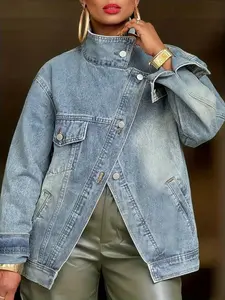 Women's Vintage Washed High Neck Asymmetric Button Loose Denim Jacket, Street Style Fashion Versatile Jacket Top, Suitable For Spring, Autumn And Winter Seasons