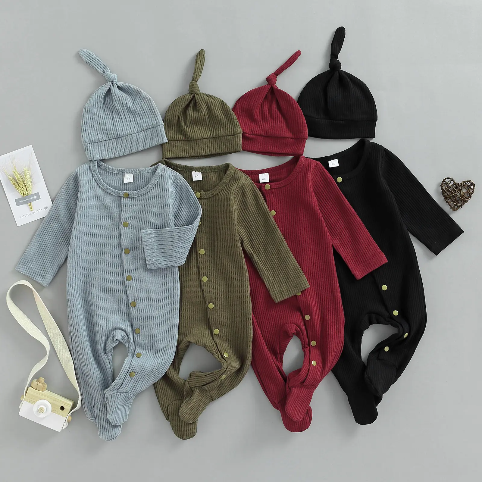 Infant Baby Boys Girl Footies Romper Waffle Knit Long Sleeve Button Down Footed Sleeper Cotton Pajamas with Hat