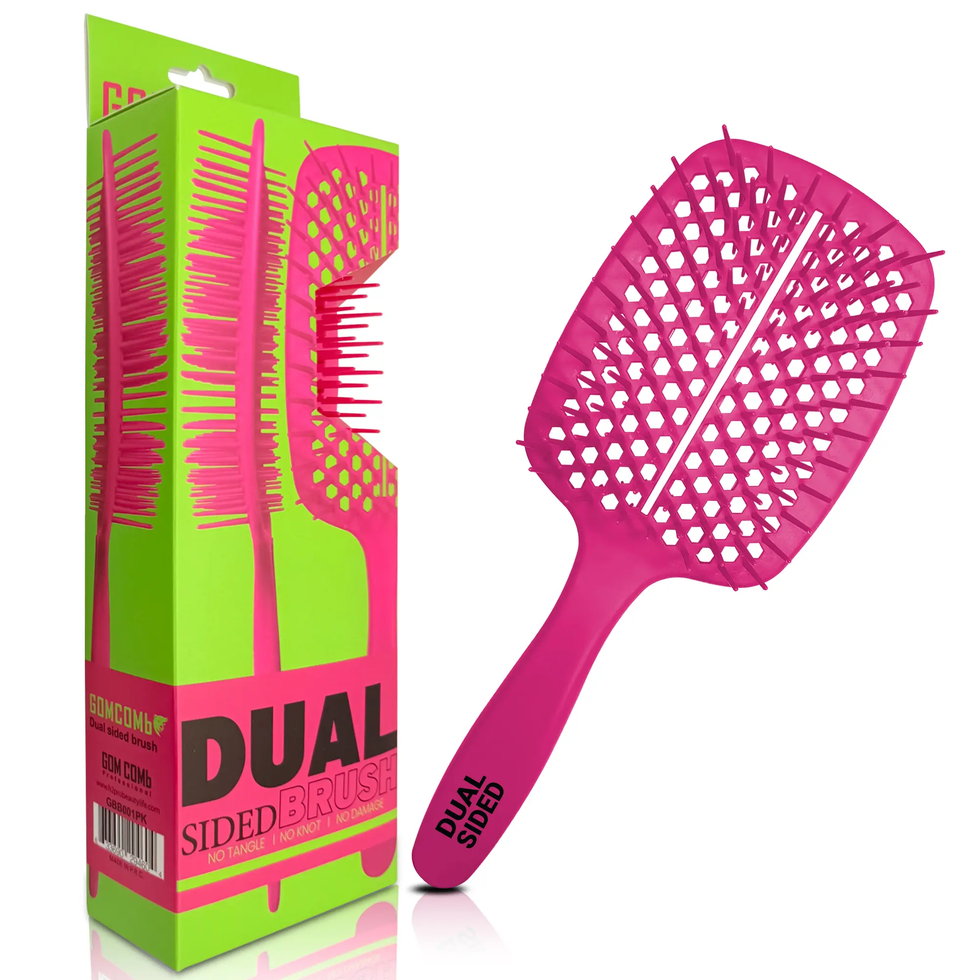 H2PRO GOMCOMb Dual Sided Hair Brush GBB001 - Long & Short Bristle Design for Professional Styling - Snag-Free Detangling for All Hair Types - Curved Design for Comfort & Vented for Fast Drying