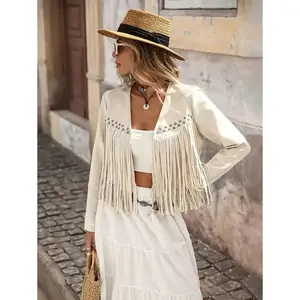 Women's Solid Color Fringe Trim Open Front Jacket In Fall/Winter Women's Solid Color Fringe Trim Open Front Jacket In Fall/Winter