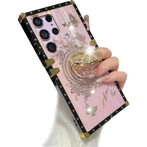 For Samsung Galaxy S24 Ultra Bling Case, Cute Sparkly Rhinestone Butterfly Foldable Kickstand Marble Shell Pattern Soft Bumper Women Girly Shockproof Protective Cover(Pink)