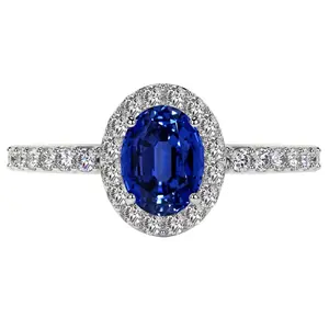 Traditional Oval Halo Untreated Blue Sapphire Ring with Prong Set Diamonds (1.34cttw)- RBS006-7X5-AAAAA