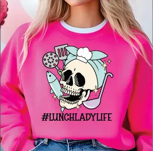 Lunch Lady Life Skeleton Head Unisex Sweatshirt in Vibrant Pink with Fish Ladle Spatula Design for Casual Wear