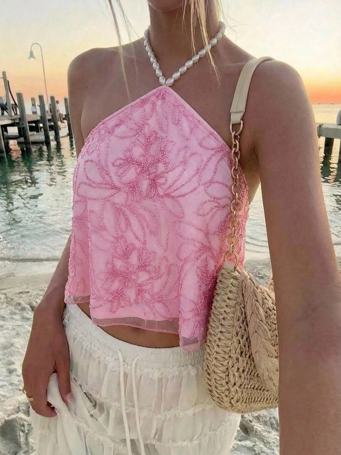 Women’s Beaded Pink Floral Halter Top - Sequin Pearl Chain Backless Festival Top - Boho Summer Vacation Outfit Women, pearl chain backless top women, boho vacation outfit women