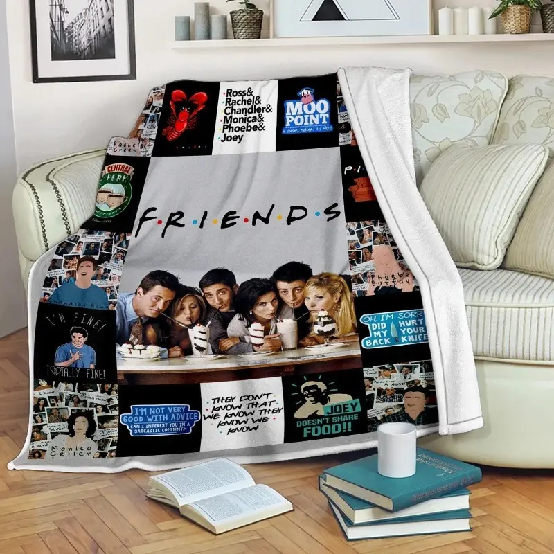 Friends TV Series Inspired Vintage Fleece Blanket Joey Rachel Monica Phoebe Ross Chandler Character Print Soft Cozy Polyester Plush Throw Blanket Retro Sitcom Bedding Blanket for Bed Sofa Birthday Christmas Gift