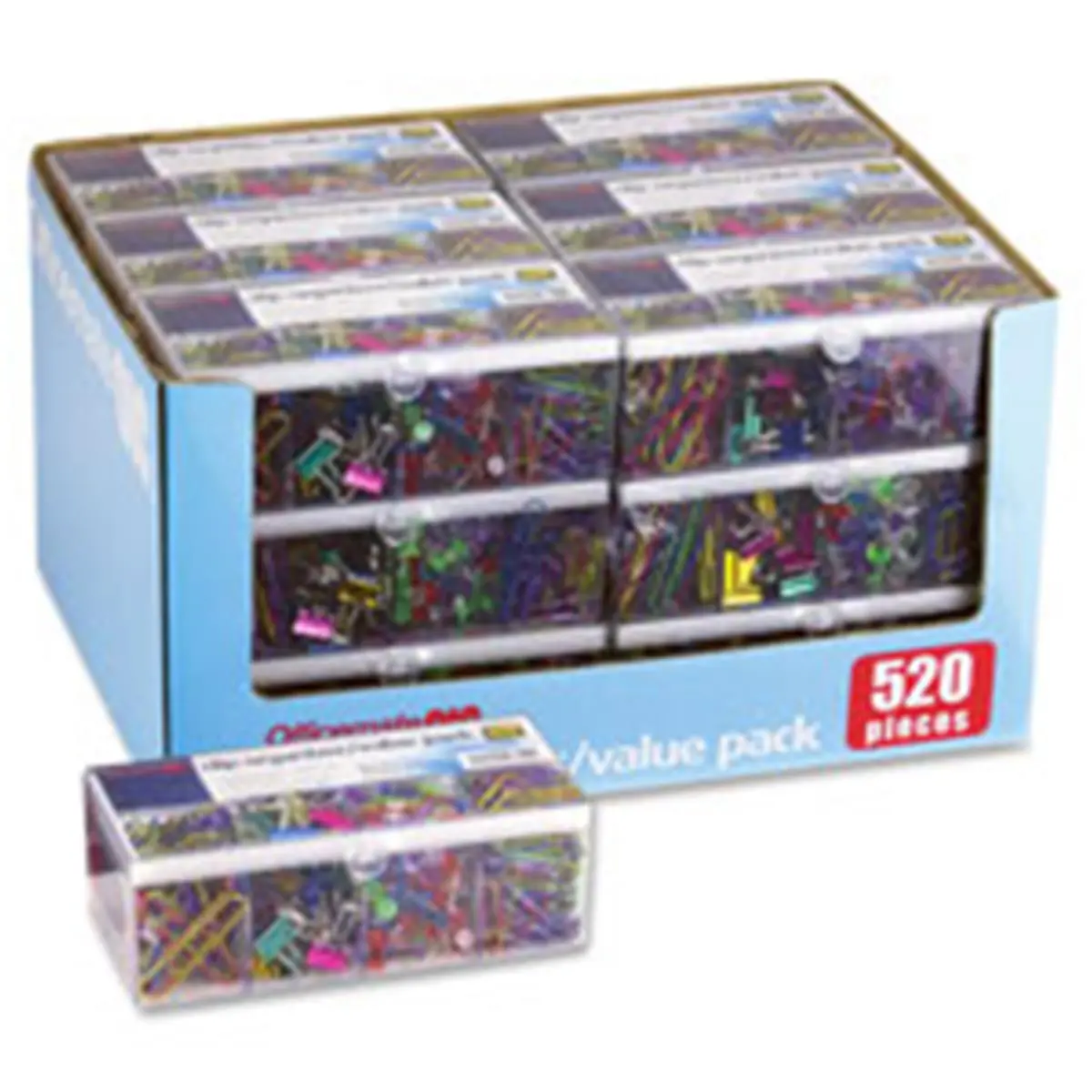 Officemate OIC97301 Hard Plastic Reusable Container Desk Organizer - 520-Piece Metallic Binder Clips & Pushpins, 8 Compartments, Flip-Top Lid, PVC-Free Paper Stationery Value Pack for Office Desk Organization