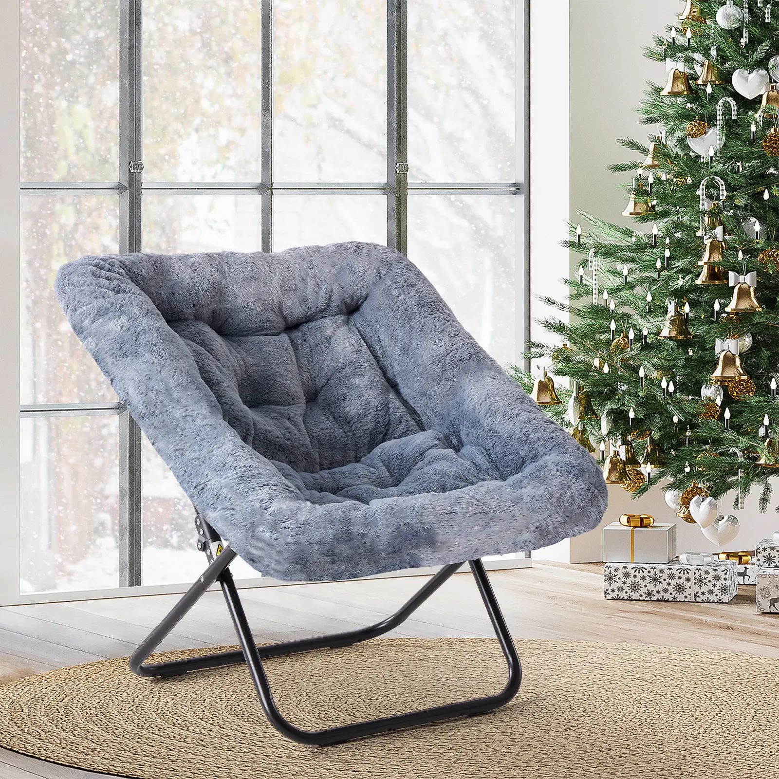 Faux Fur Saucer Comfy Reading Chair, Foldable Padded Lounge Chair with Metal Frame, Thick Cushion, Anti-Slip Base for Living Room, Bedroom