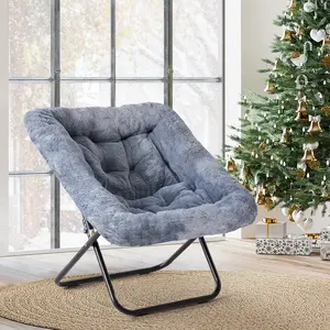 Faux Fur Saucer Chair, Foldable Padded Lounge Chair with Metal Frame, Thick Cushion & Anti-Slip Base for Living Room, Bedroom, Dorm