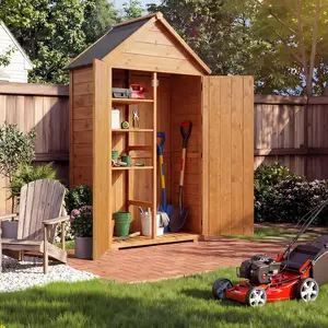 Wooden Garden Tool Shed with 3 Shelves, Lockable Doors & Floor - Waterproof Outdoor Storage Cabinet for Patio, Backyard, Deck, Lawn Organization