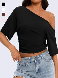 WIETRY Off the Shoulder Top Slouchy Oversized Fit Tee 2 Way Wear Buttery Soft Drape Aesthetic Espresso & Petal Pink Summer Fashion 2026 /W9