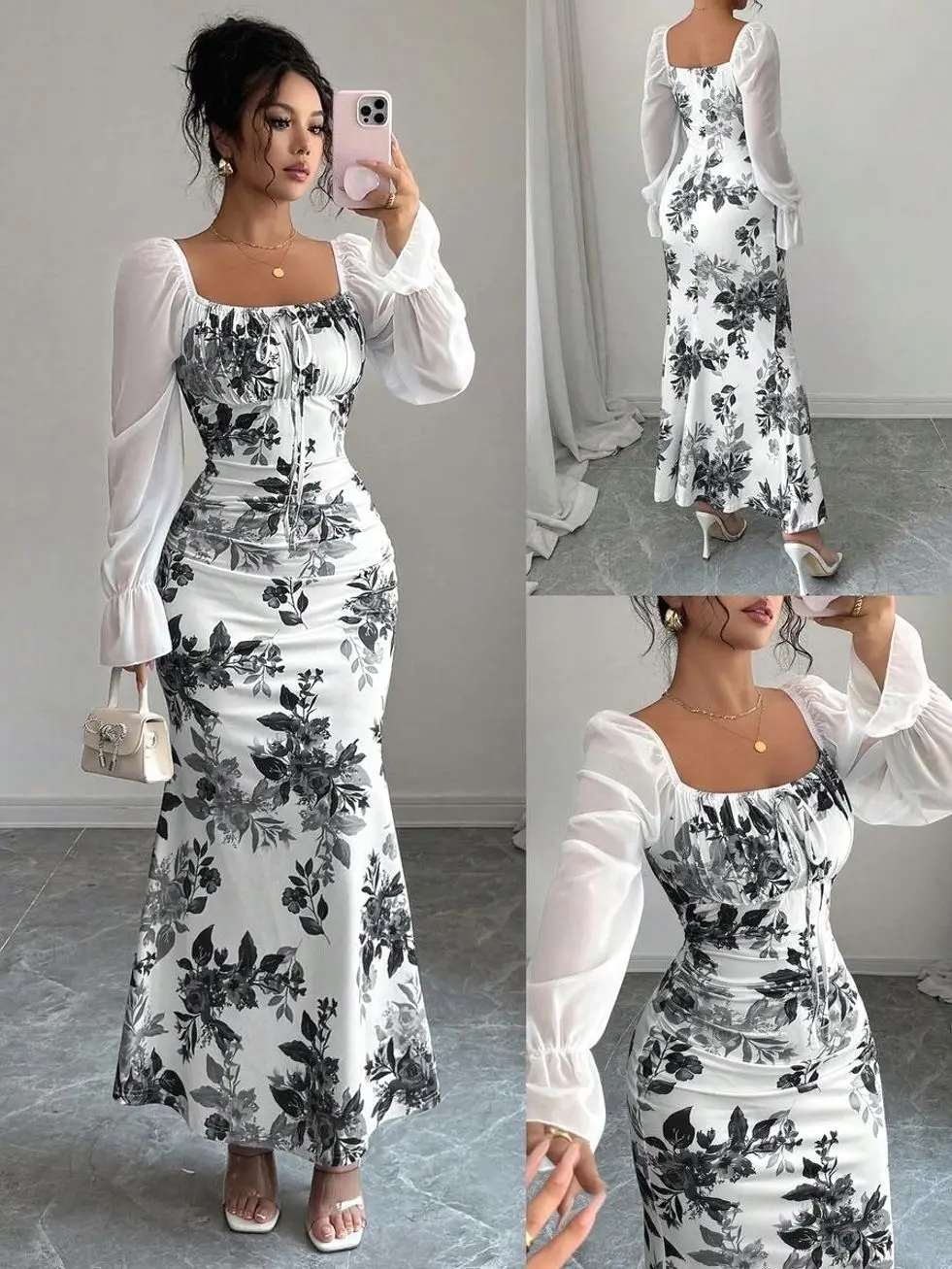 Square Neck Chiffon Puff Sleeve Floral Dress, Elegant Waist-Cinching Long Spring Wedding Guest Dress