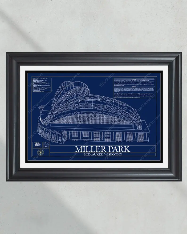 Milwaukee Brewers Miller Park Stadium Ballpark Blueprint Baseball Wall Art