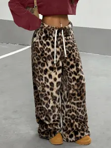 Women's Full Body Leopard Print Fleece Loose Straight Leg Drawstring Pants, Casual Fashion Style, Adjustable Drawstring, Perfect for Outdoor, Shopping, Sleepwear