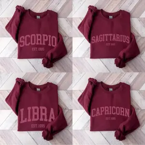 (Leave A Note or DM to Shop) (Ver 2) Custom Zodiac Sweatshirt – Maroon Color, Custom Year-Est Your Year Astrology Pullover, Cute Horoscope Energy Gift, Unisex Crewneck Sweatshirt, Birthday Zodiac Sign Outfit