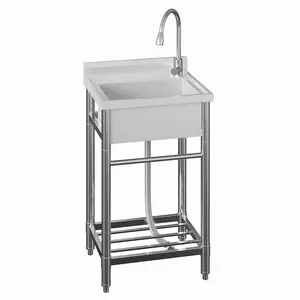 Kitchen Sink, 304 Stainless Steel Thickened Utility Sink, Freestanding Single Bowl Kitchen Utility Sink with Pull-Out Faucet, Portable Sinks for Outdoor Garage Laundry RV Kitchen Bar, 24*20*41 Inches