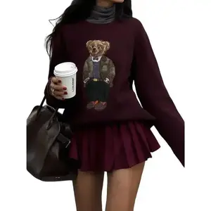Women`s bear round neck sweater knitwear tops,fashion causal  crew neck jumper for spring&fall,going out outfits Long Sleeve Womenswear Style Fabric Knitting