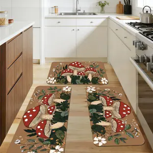 Spring Mushroom Flannel Floor Mat 1/2/3 Piece Set, Non-Slip Base Indoor/Outdoor, Cozy Home Decor for Entrance Hall Kitchen Laundry Bedroom