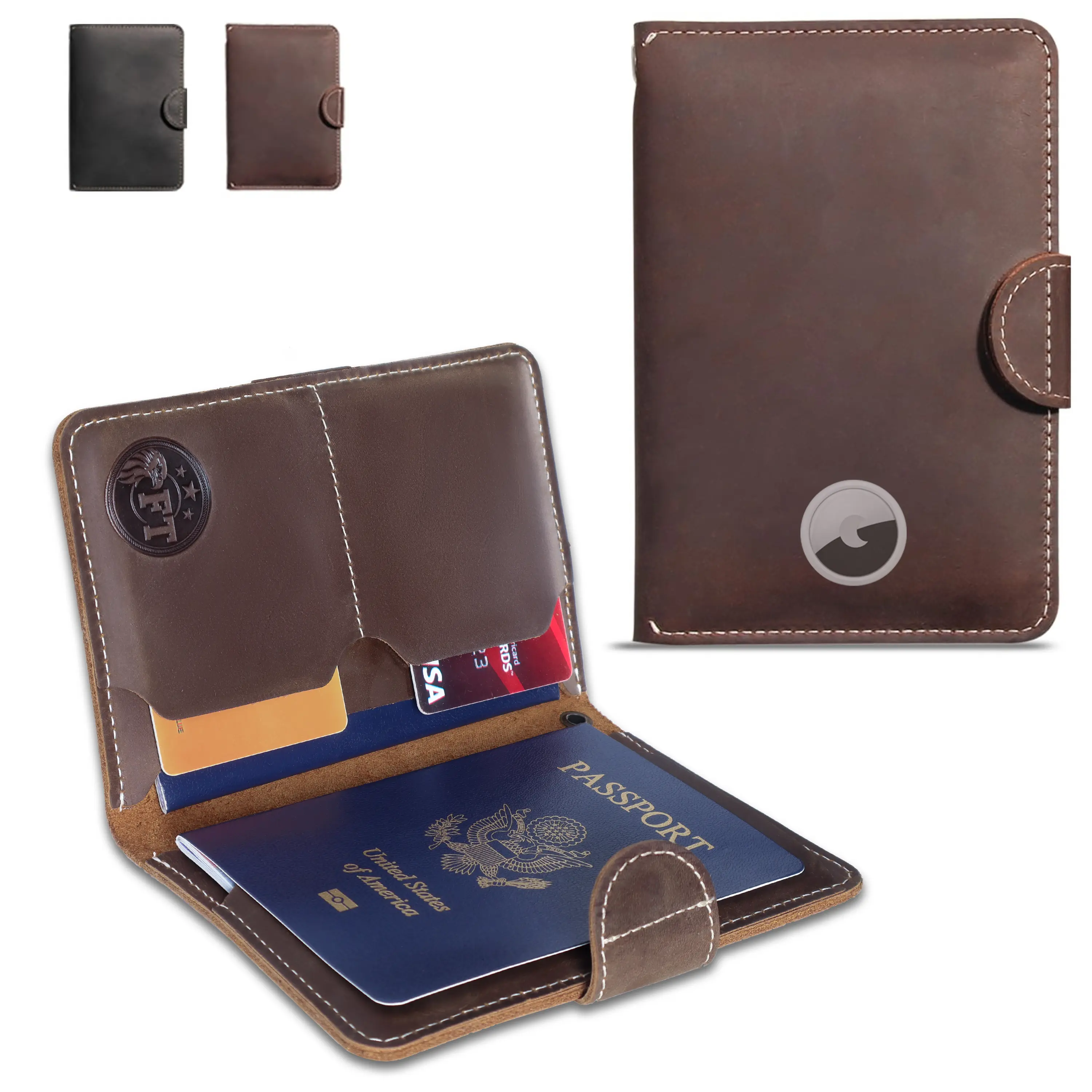 Full Grain Leather Passport Holder with AirTag Pocket, RFID Blocking Travel Wallet for 2 Passports, 2 Cards and Removable Lanyard