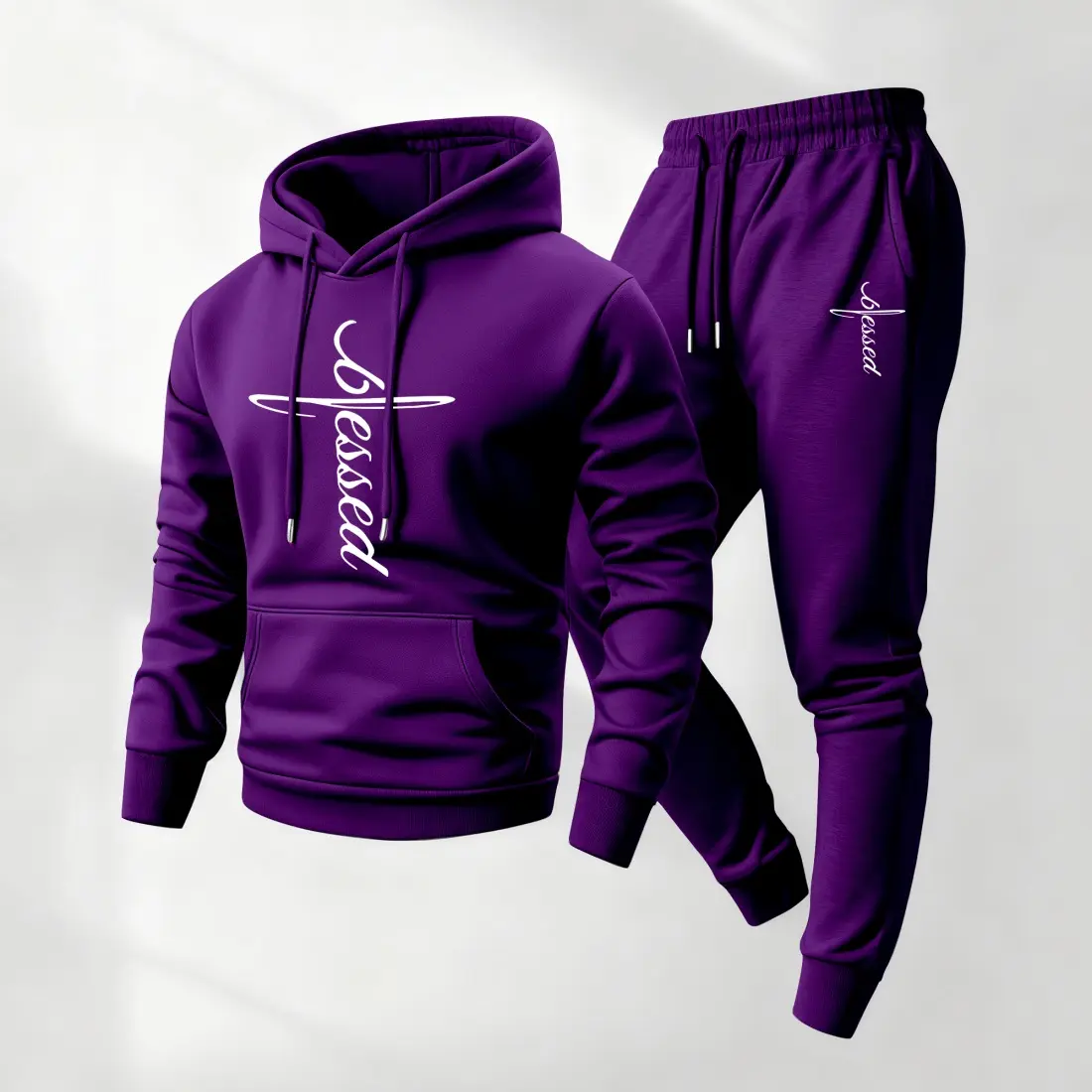 Men's 2-Piece Tracksuit Set, Casual 'Blessed' Graphic Polyester Hoodie & Sweatpants, Casual Fit for Gym & Athleisure, Long Sleeve, Loose Fitting, Mensfashion, Graphic Print, Hoodie/Jumper, Machine Washable, Male, Normal Type