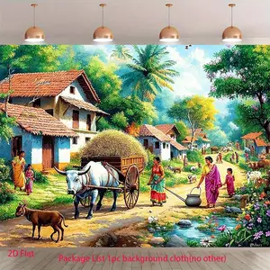 1pc Village Market Scene UV Printed Banner - Vibrant Polyester Backdrop for Photography, Birthday Parties & Festivals, No Electricity Needed, Perfect for Weddings & Celebrations, Event Decoration