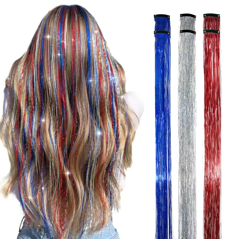 6-Packs Long Straight Hair Tinsel Clip-In Set, Red White Blue Holographic Reusable No-Damage Hair Accessories, Super Shiny Easy Clip-In for Halloween, Parties