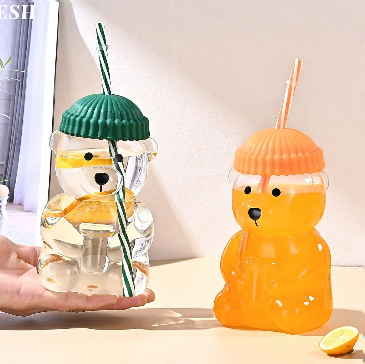 600ml Portable Reusable Teddy Bear Glass Water Tumbler - Plastic-Infused Washable Multi-Use Water Bottle with Straw for Hot/Cold Drinks, Kitchenware Gift Drinkware, Water Bottles
