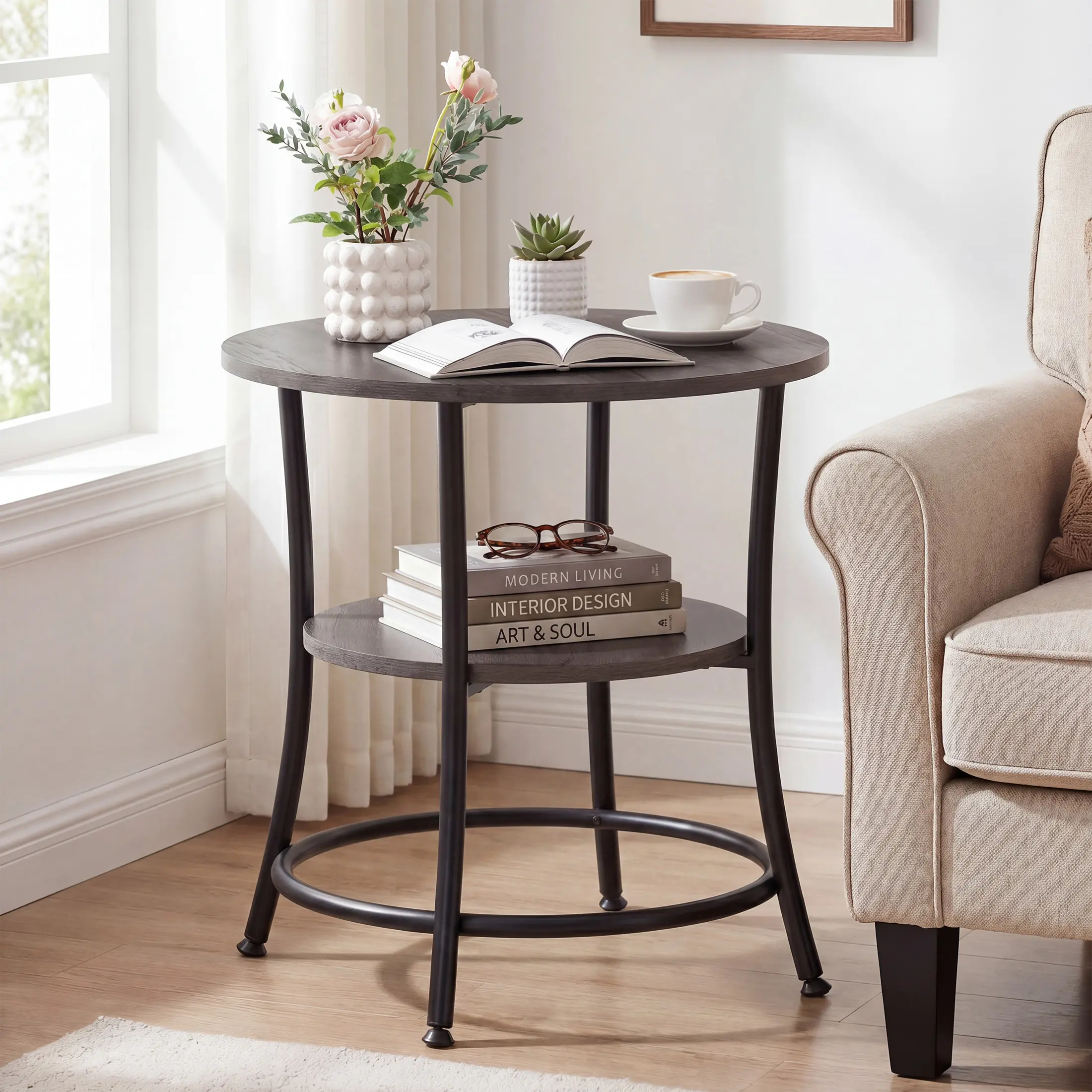 Round Side Table, 2-Tier End Table, Nightstand with Steel Frame, Spacious Top, for Small Spaces, Living Room, Bedroom