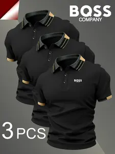 Men's Classic Bqs Logo Print Polo Shirt Set, Breathable Business Casual Commute Wear, Fitted Geometric Pattern Sportswear