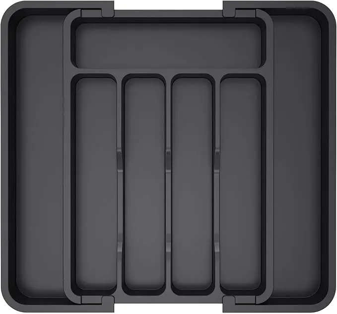 Silverware Drawer Organizer, Expandable Utensil Tray for Kitchen, BPA Free Flatware and Cutlery Holder, Adjustable Plastic Storage for Spoons Forks Knives, 8.5"-14.1" x 12.1", Black