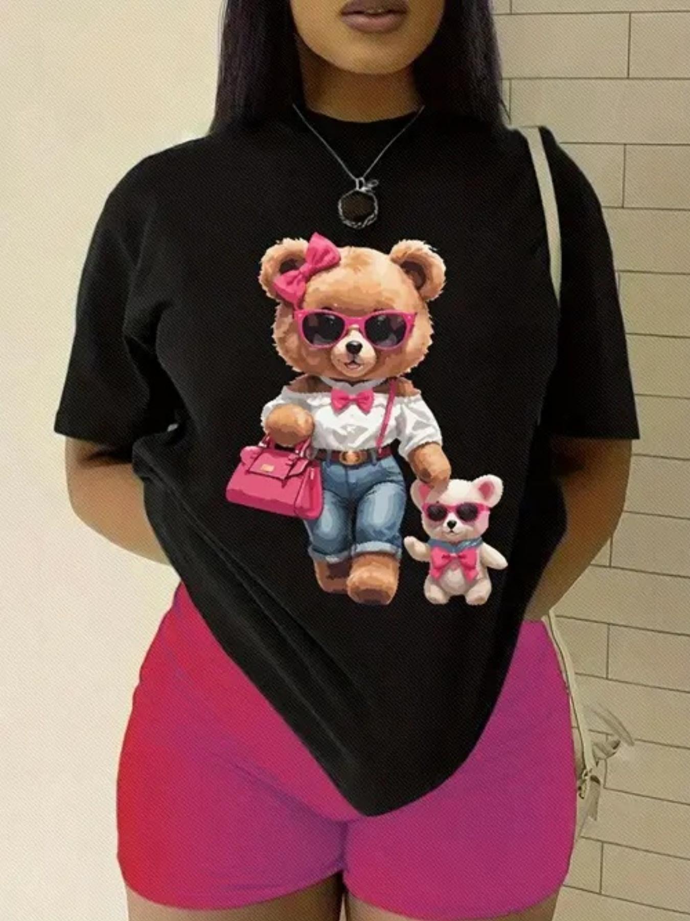 Women's Casual Short Sleeve T-Shirt with Adorable Teddy Bear & Graphic, Round Neck, Soft Stretch Fabric, Machine Washable, All-Season Comfort, Regular Fit, Teddy Bear T Shirt, Comfortable Pullover, Playful Design, Medium Elasticity
