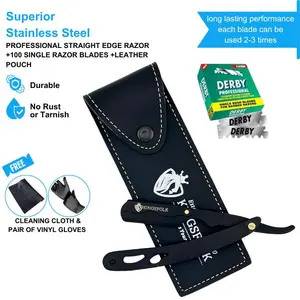 Professional Manual Barber Stainless Steel Handles Straight Edge Razor Kit 100 Single Blades with Sleek Comfort Leather Pouch Durable No Rust, Rust-Proof Tarnish Free Cleaning Cloth & Gloves