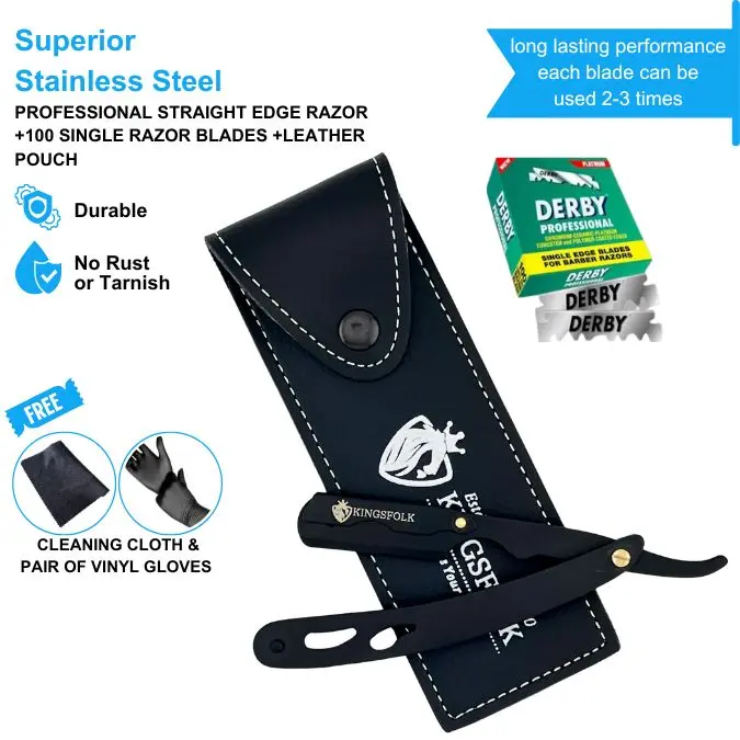 Professional Traditional Straight Edge Razor Kit for Men - Ergonomic Stainless Steel Handle, 100 Single Blades, Smooth Comfort Leather Pouch, Corrosion Resistant Cleaning Cloth & Gloves for Barber Styling