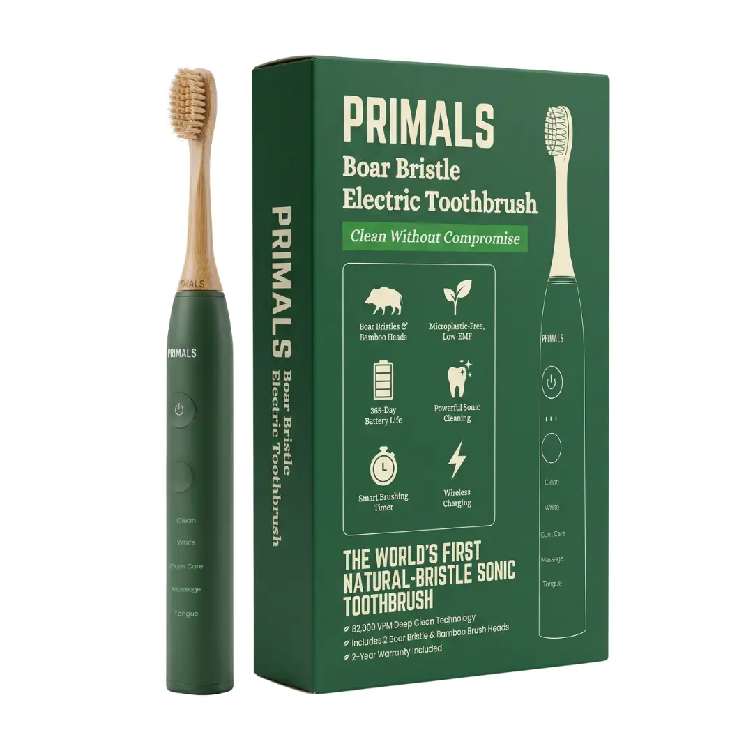 PRIMALS Boar Bristle Electric Toothbrush - Bamboo Heads, No Microplastics, Low EMF Sonic Technology, Includes 2 Replacement Heads and Wireless Charging Port
