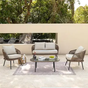 Tribesigns 4-Piece Outdoor Patio Furniture Set, Rattan Wicker Conversation Furniture Set with Removable Cushions and Glass Coffee Table for Garden, Pool, Porch, Balcony (Brown)