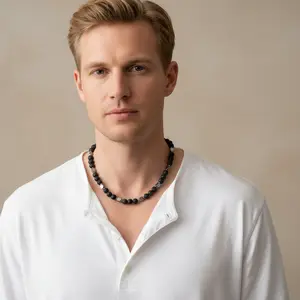 Mens Black Lava and Hematite Rectangle Beaded Necklace