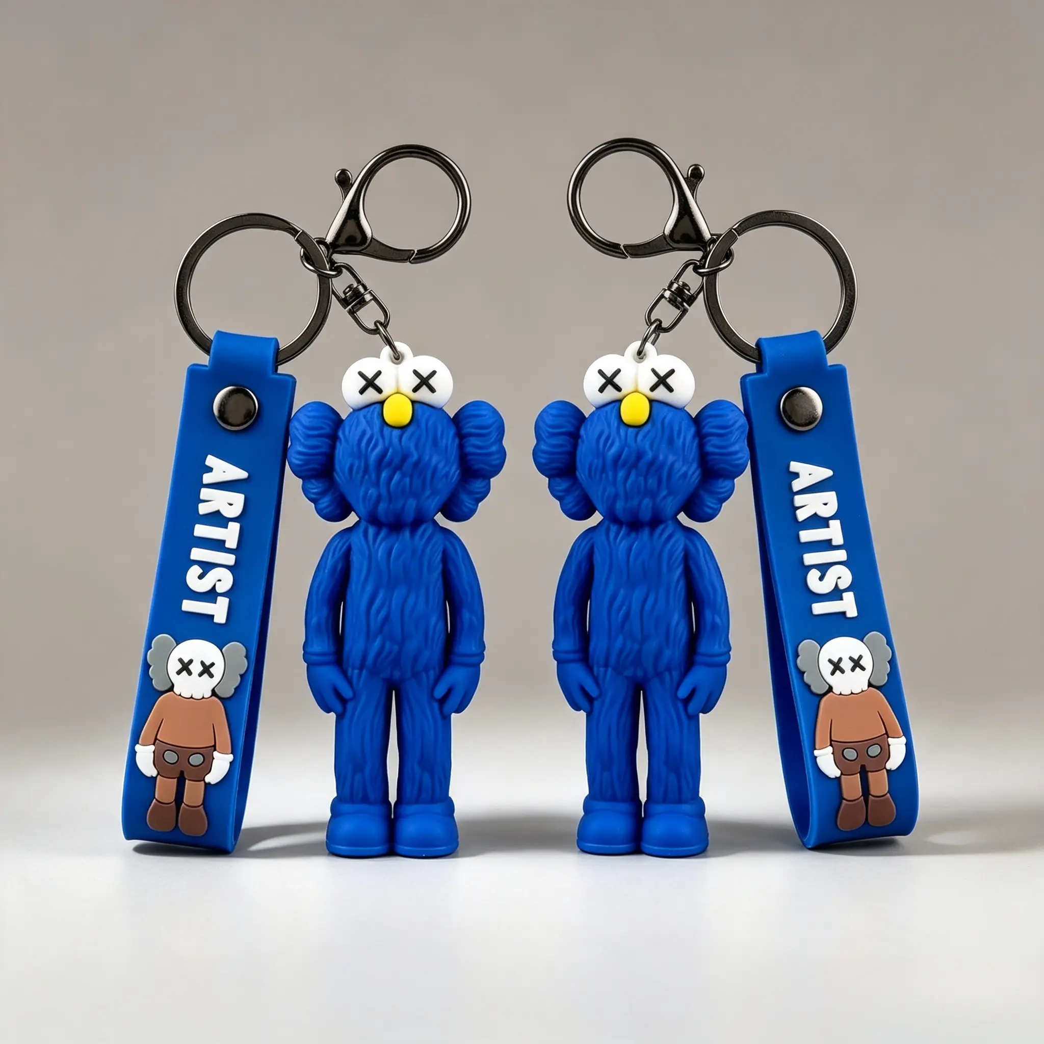2pcs Hypebeast Cartoon Figure Keychains with Wrist Straps, Aesthetic Backpack Charms, Car Keyrings, Home Decor Doll Ornaments Gift Items